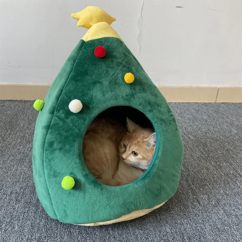 Cama Cueva para Gatos y Perros en Forma de Árbol de Navidad – Casa Invernal Cómoda y Calentita para Gatos y Perros Pequeños - Imagen 4