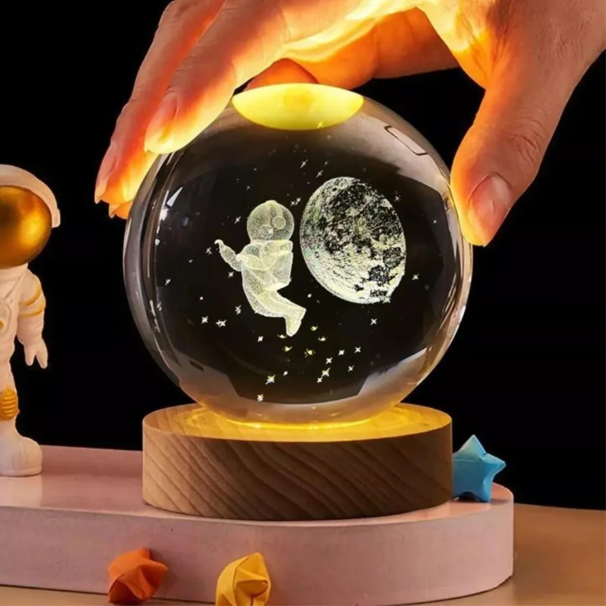 Lampara Velador Esfera Cristal 3d Luz Nocturna Lampara Mesa - Imagen 4