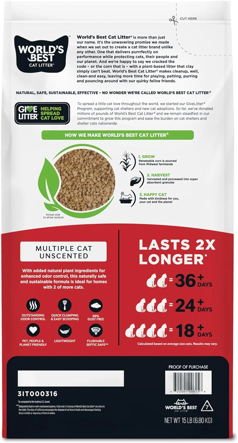 World's Best Cat Litter. Arena para gatos, sin perfume, 15 libras - Imagen 3