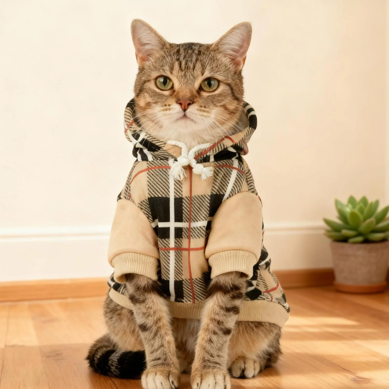 Sudadera con Capucha para Gatos Estilo Británico – Jersey de Cuadros Cálido con Orificio para Correa - Imagen 9