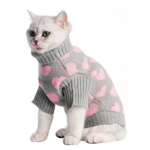 Jersey de Punto para Gatos con Cuello Alto y Diseño de Corazones – Abrigo Cálido y Cómodo