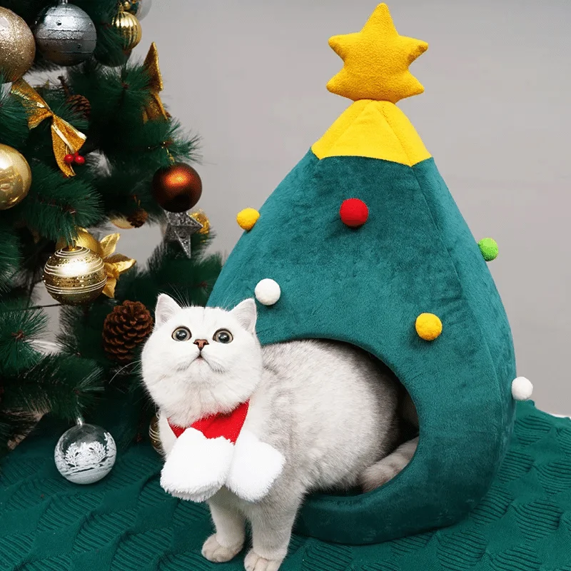 Cama Cueva para Gatos y Perros en Forma de Árbol de Navidad – Casa Invernal Cómoda y Calentita para Gatos y Perros Pequeños - Imagen 2